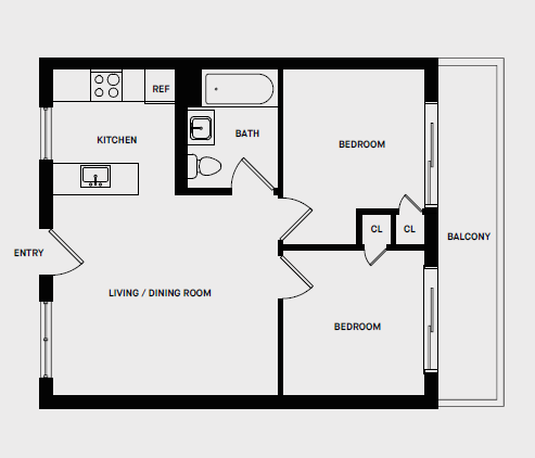 Floor plan for 2 beds, 1 bath, 570 sqft